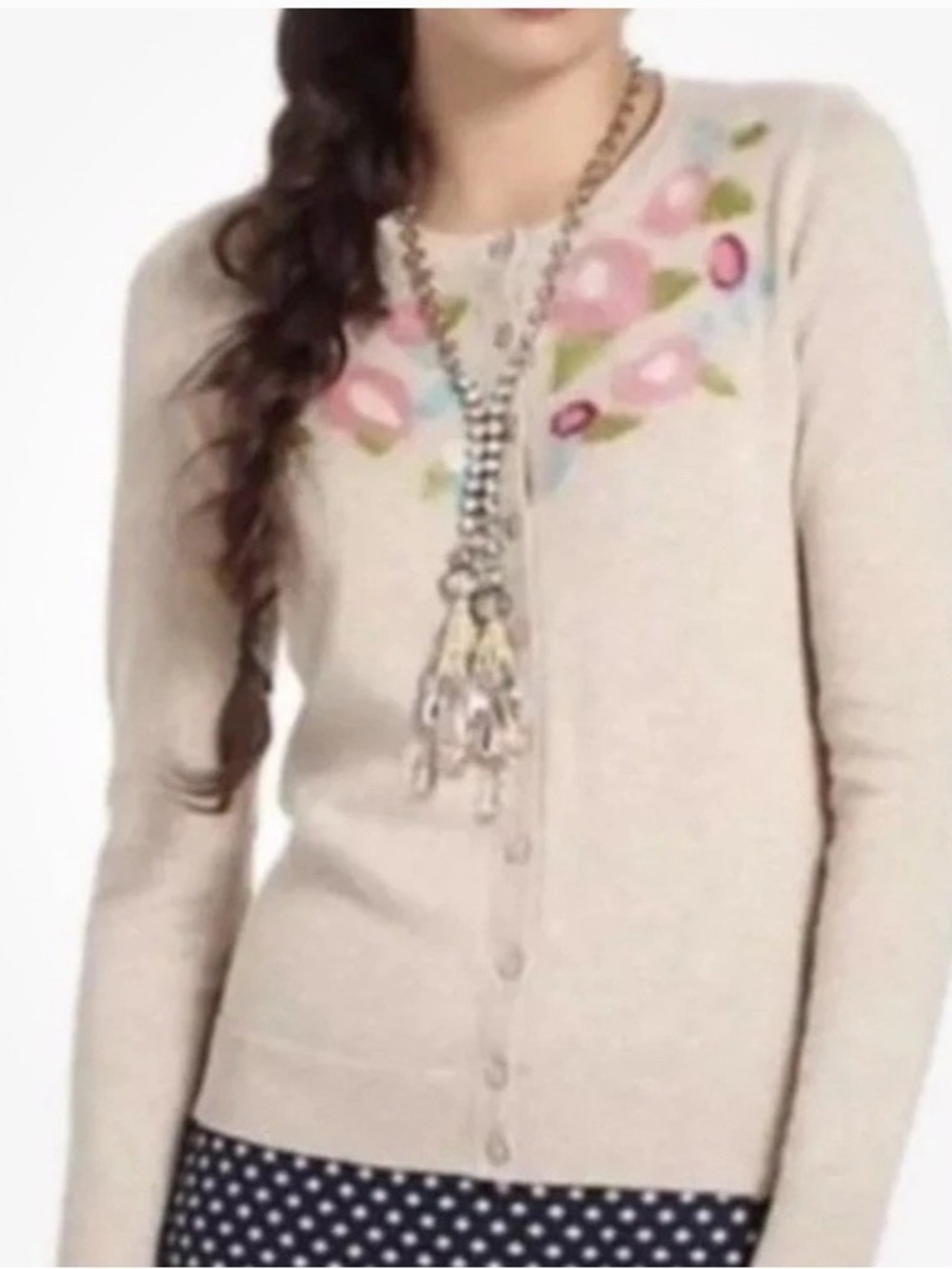Anthropologie Tabitha Beige Floral Embroidered Button Cardigan - L